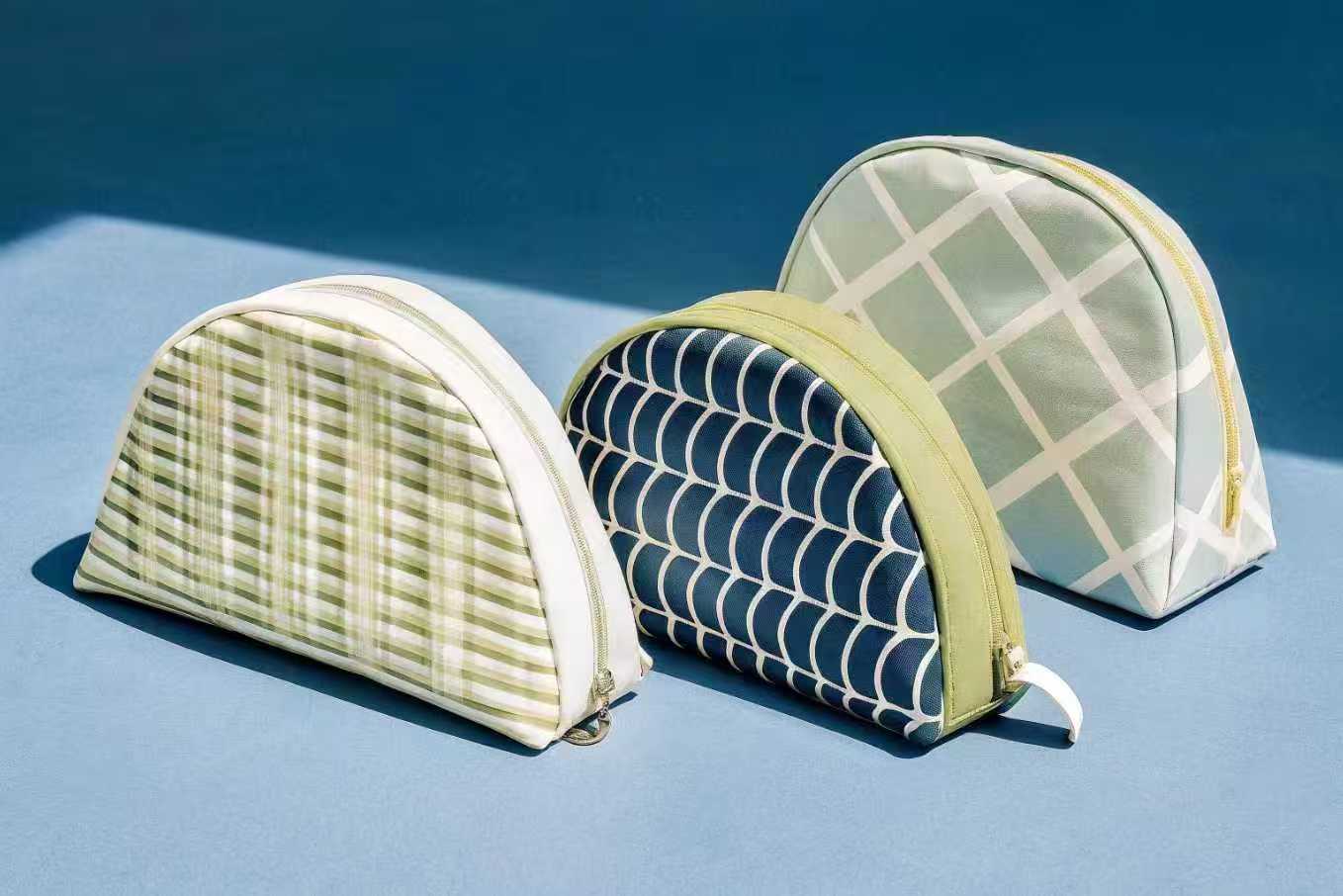 A stylish collage of futuristic and sustainable custom makeup bags for 2026