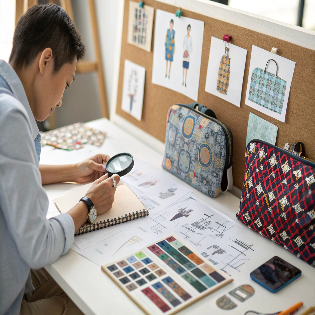 A designer inspecting fabric swatches and design sketches for toiletry bags